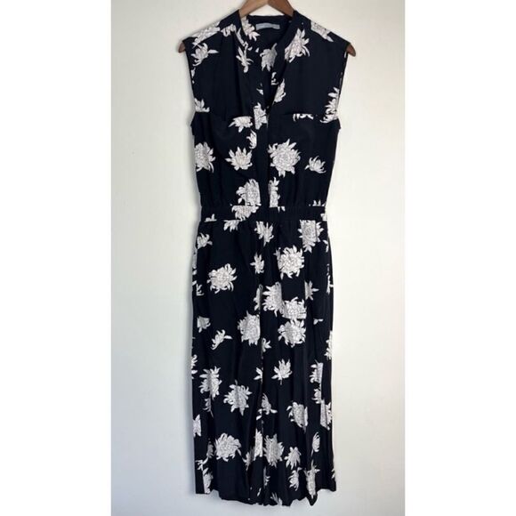 $425 VINCE FLORAL CHRYSANTHEMUM SLEEVELESS WIDE LEG CROP SILK JUMPSUIT IN BLACK - Picture 8 of 11